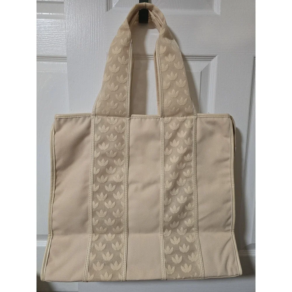 Adidas Beige Mesh‎ Logo Tote Bag Zip Closure Double Handles Lined Designer